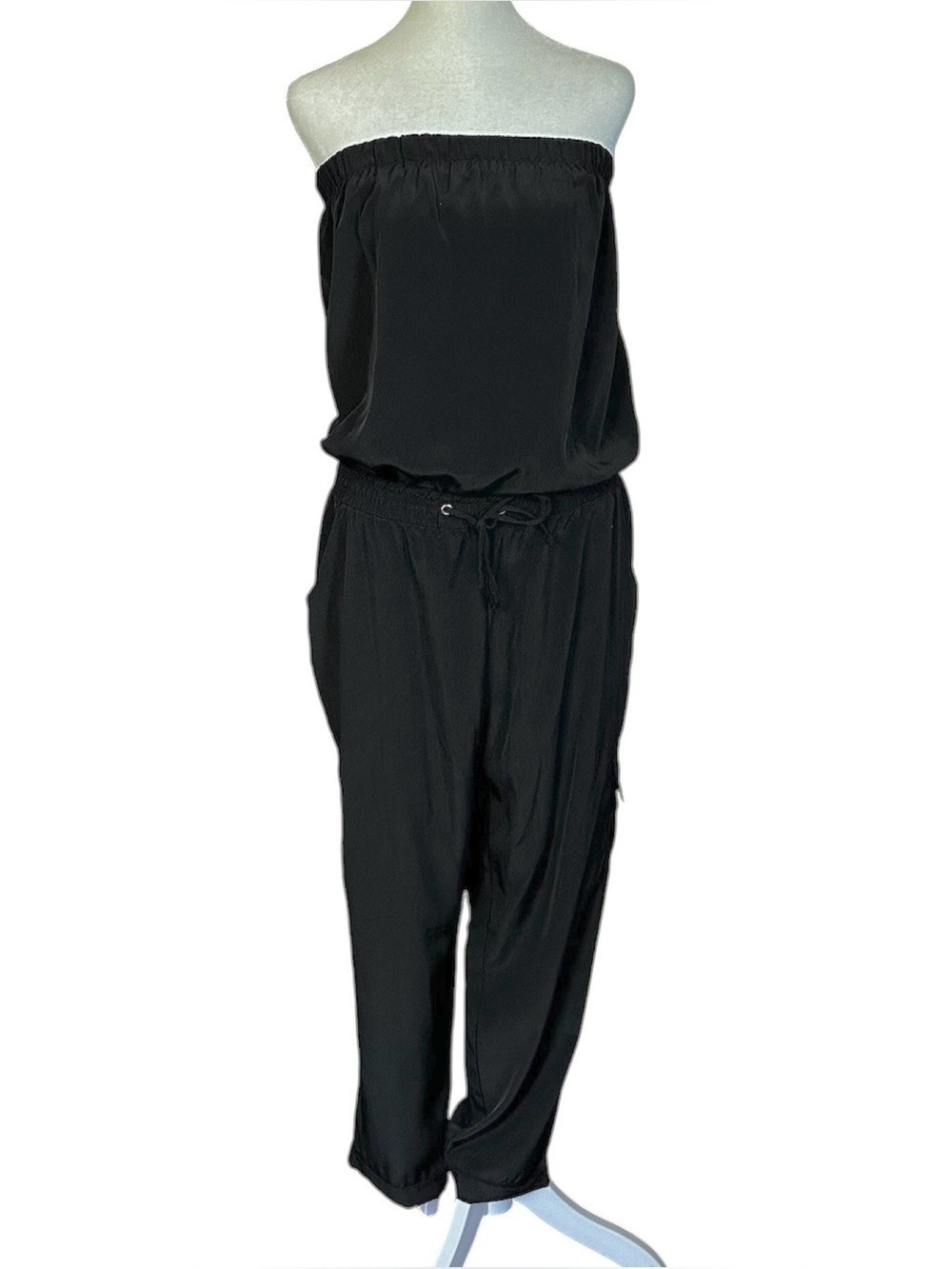 New York & Company Strapless Cargo Elastic Waist Jumpsuit Black Size Medium